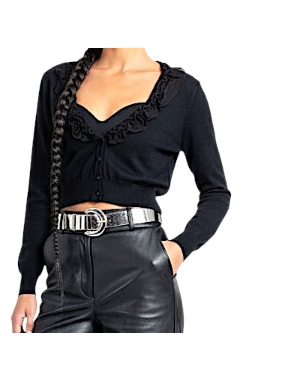 Nicole Benisti cropped black chiffon ruffle neck fitted cardigan sweater M